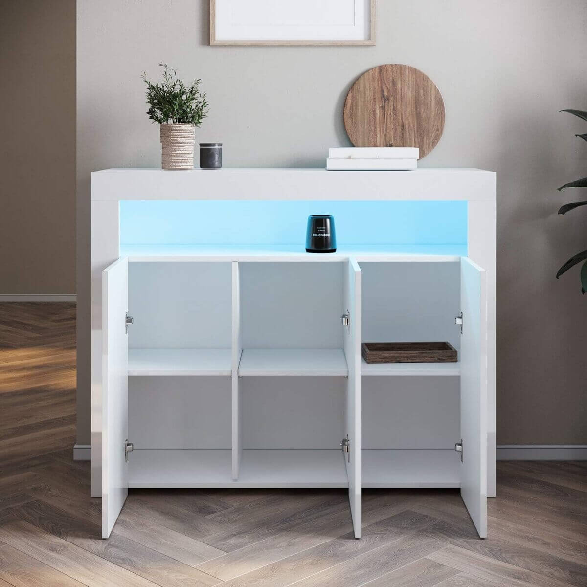 SONNI Aparador Blanco Brillo con 3 Puertas,Mueble Comedor Brillante con Iluminación LED 116x35x93cm,Armario Entrada para Salón/Cocina