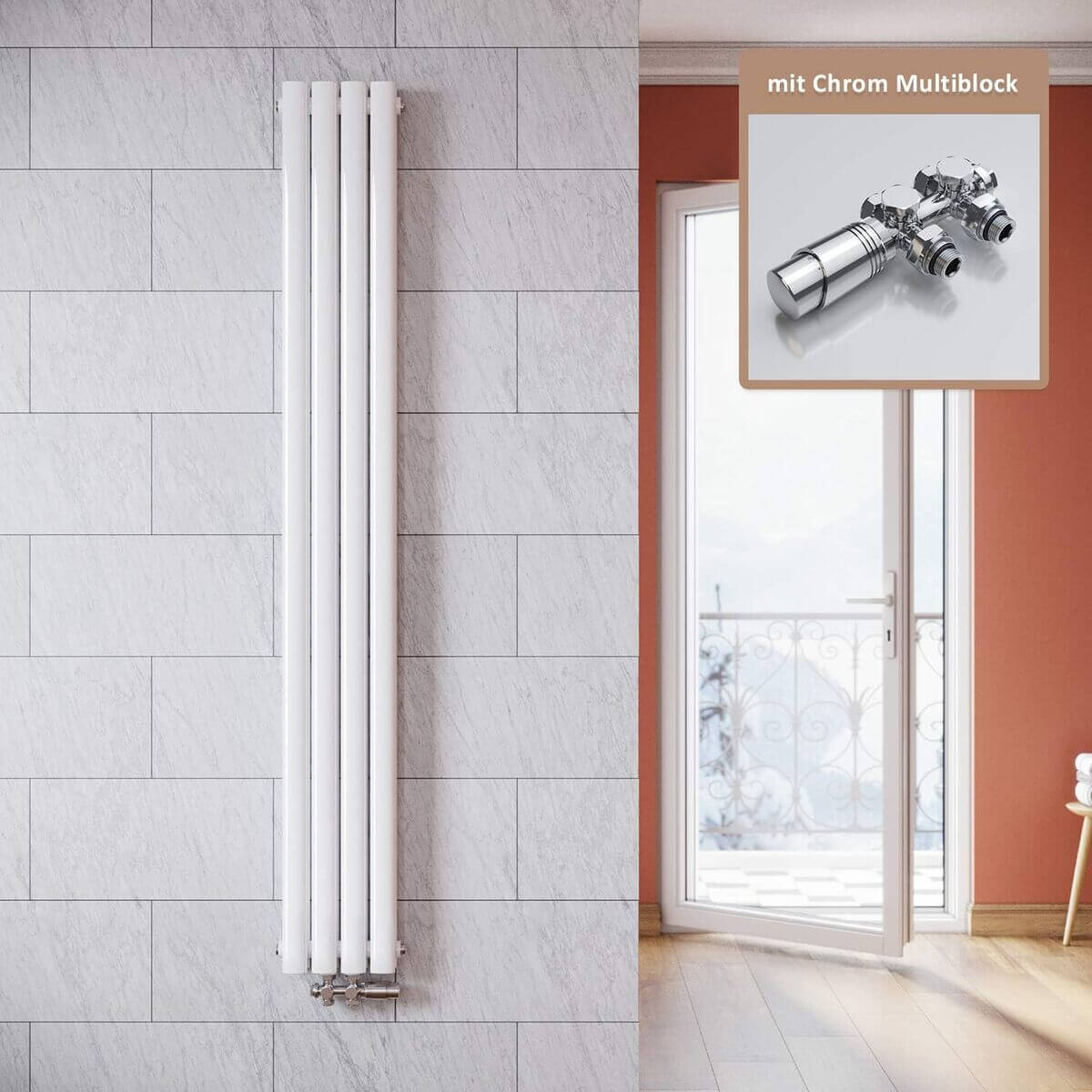 SONNI Radiador vertical blanco 1800 x 236 mm con multibloque, diseño termostático, cromo, una sola pieza, radiador tubular de baño, conexión central una/doble capa Sí y No Multibloque