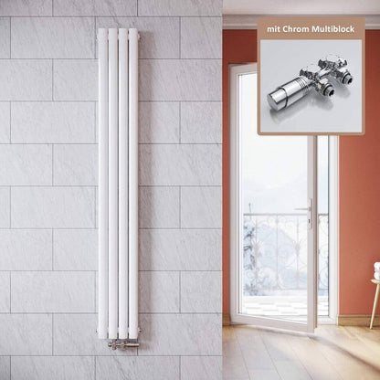 SONNI Radiador vertical blanco 1800 x 236 mm con multibloque, diseño termostático, cromo, una sola pieza, radiador tubular de baño, conexión central una/doble capa Sí y No Multibloque