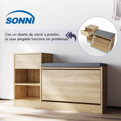 SONNI Banco Zapatero con Asiento Mueble Zapatero Entrada Recibidor Madera Moderno 94.5x30x57cm