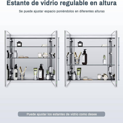 SONNI Armario Espejo Baño con Luz 65 x 65 cm Bisagra Conductora Antivaho,Interruptor Táctil,2 Puertas,Espejo de Baño con Armario y LED,Aluminio y Enchufe para Afeitadora