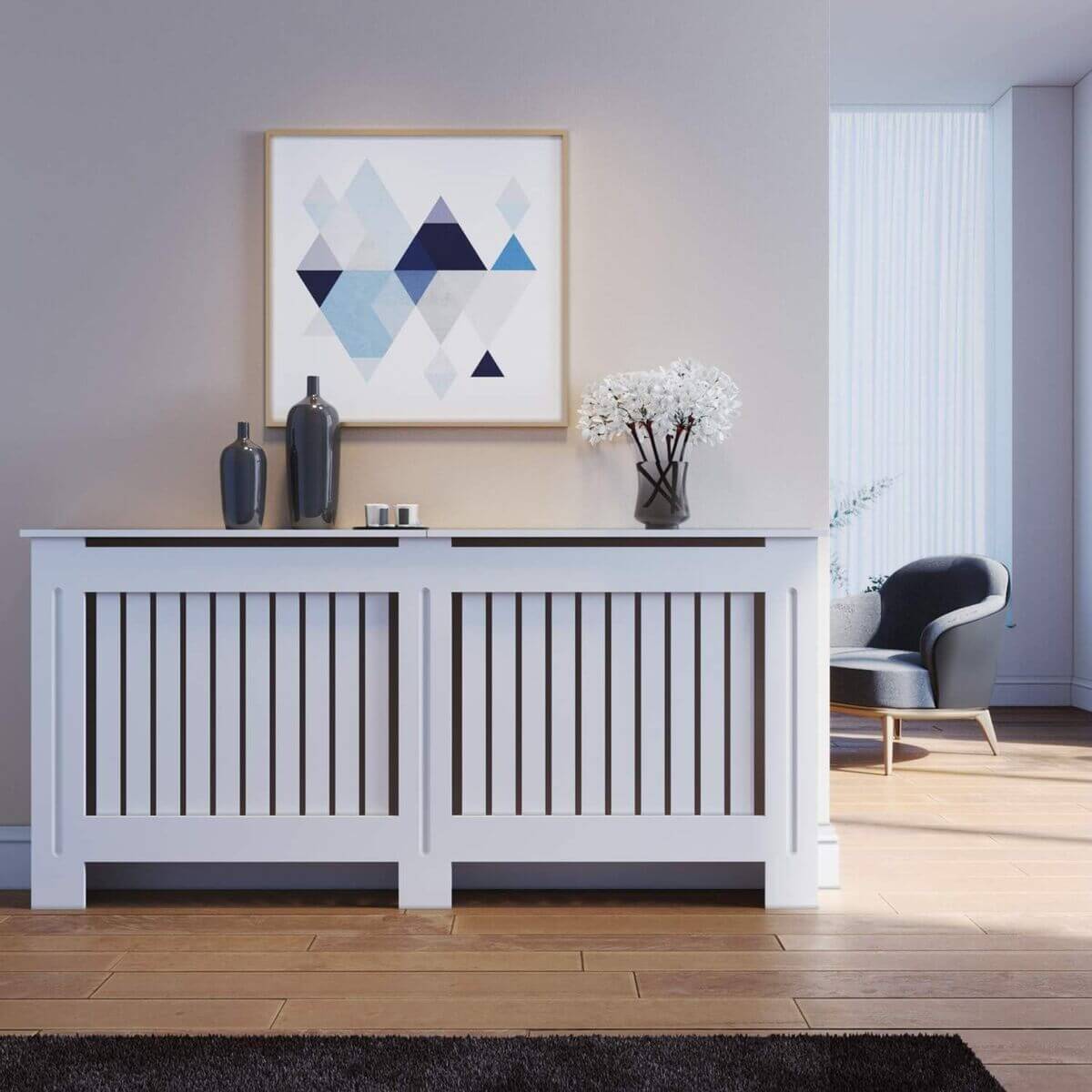 SONNI Cubierta de Radiador Blanco Moderno,Madera,Listón Vertical,Cubre de Calefacción Pequeño/Mediano/Extra Grande