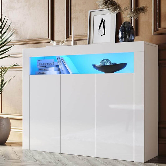 SONNI Aparador Blanco Brillo con 3 Puertas,Mueble Comedor Brillante con Iluminación LED 116x35x93cm,Armario Entrada para Salón/Cocina