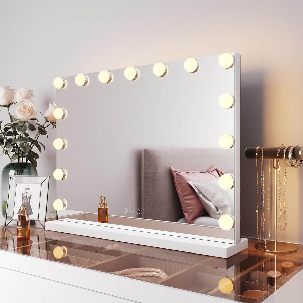 SONNI Espejo Maquillaje con Luz - Espejo Tocador 15 Bombillas LED,Dimmables 3 Colores de Luz,Control Táctil,Espejo con Luz para Maquillaje,58 x 46 cm