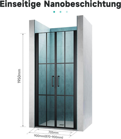 SONNI Puerta de ducha cristal templado, doble puerta corredera de cristal templado, rejilla negra mate, nanorecubrimiento de una cara, barra de sellado magnética