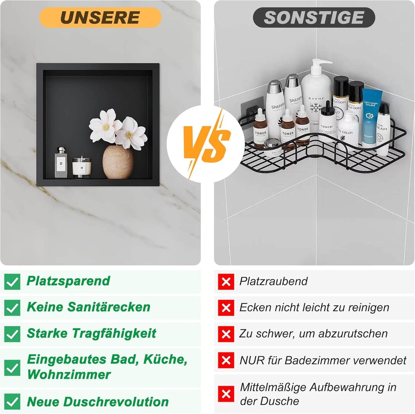 SONNI Ducha de pared de acero inoxidable, nicho de ducha integrado, estante individual almacenamiento para baño, resistente al agua, no requiere azulejos