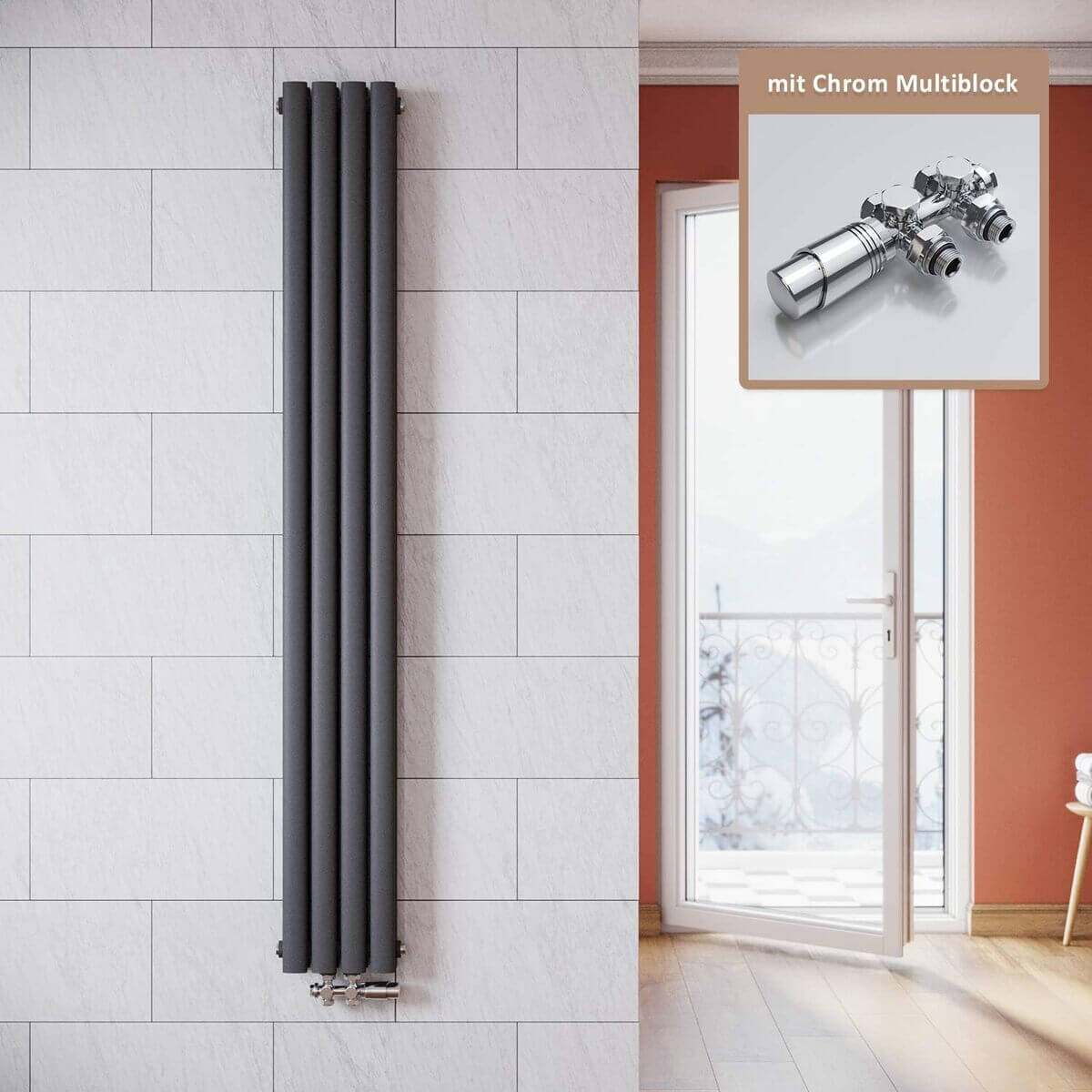 SONNI Radiador vertical antracita 1800 x 236 mm con multibloque, diseño termostático, cromo, una sola pieza, radiador tubular de baño, conexión central una/doble capa Sí y No Multibloque