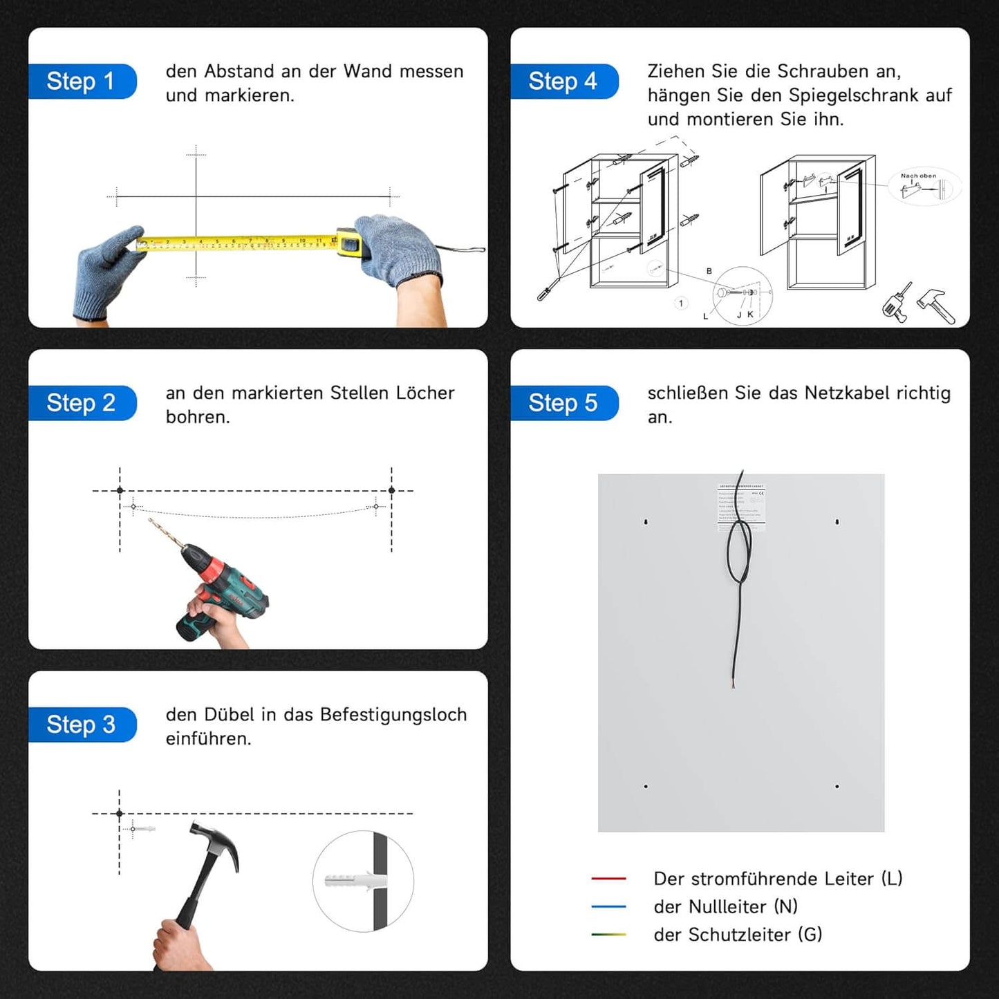 SONNI Armario con espejo con iluminación, 3 colores de luz ajustables y antivaho, 2 puertas, con zona de desarrollo y enchufe, 60 x 75 cm, color blanco