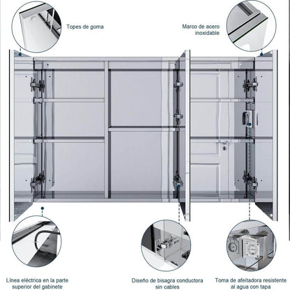 SONNI Armario Espejo Baño con Luz 105 x 65 cm Bisagra Conductora Interruptor Táctil 3 Puertas,Espejo de Baño con Armario y LED,Acero Inoxidable Enchufe para Afeitadora 5 Estantes
