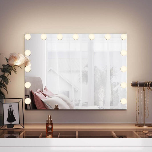 SONNI Espejo Maquillaje con Luz - Espejo Tocador 15 Bombillas LED,Dimmables 3 Colores de Luz,Control Táctil,Espejo con Luz para Maquillaje,58 x 46 cm