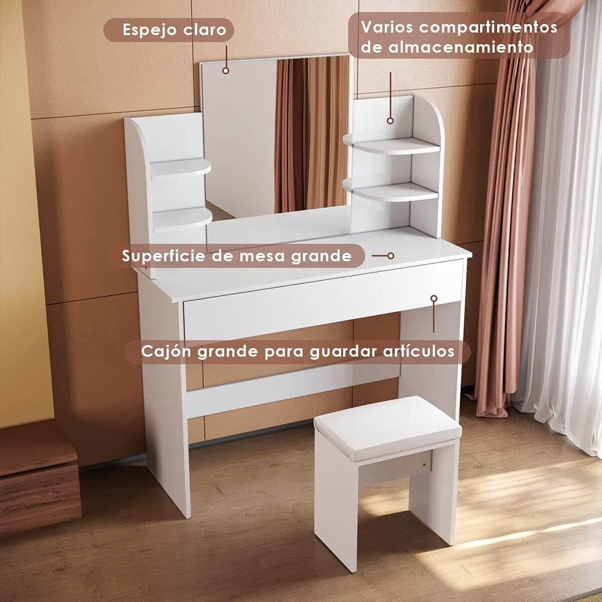 SONNI Mesa Maquillaje con Luz con Espejo y Taburete, Tocador Maquillaje con Luz, Tocador Blanco con 4 Estantes,108x40x140cm