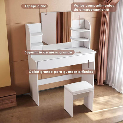 SONNI Mesa Maquillaje con Luz con Espejo y Taburete, Tocador Maquillaje con Luz, Tocador Blanco con 4 Estantes,108x40x140cm
