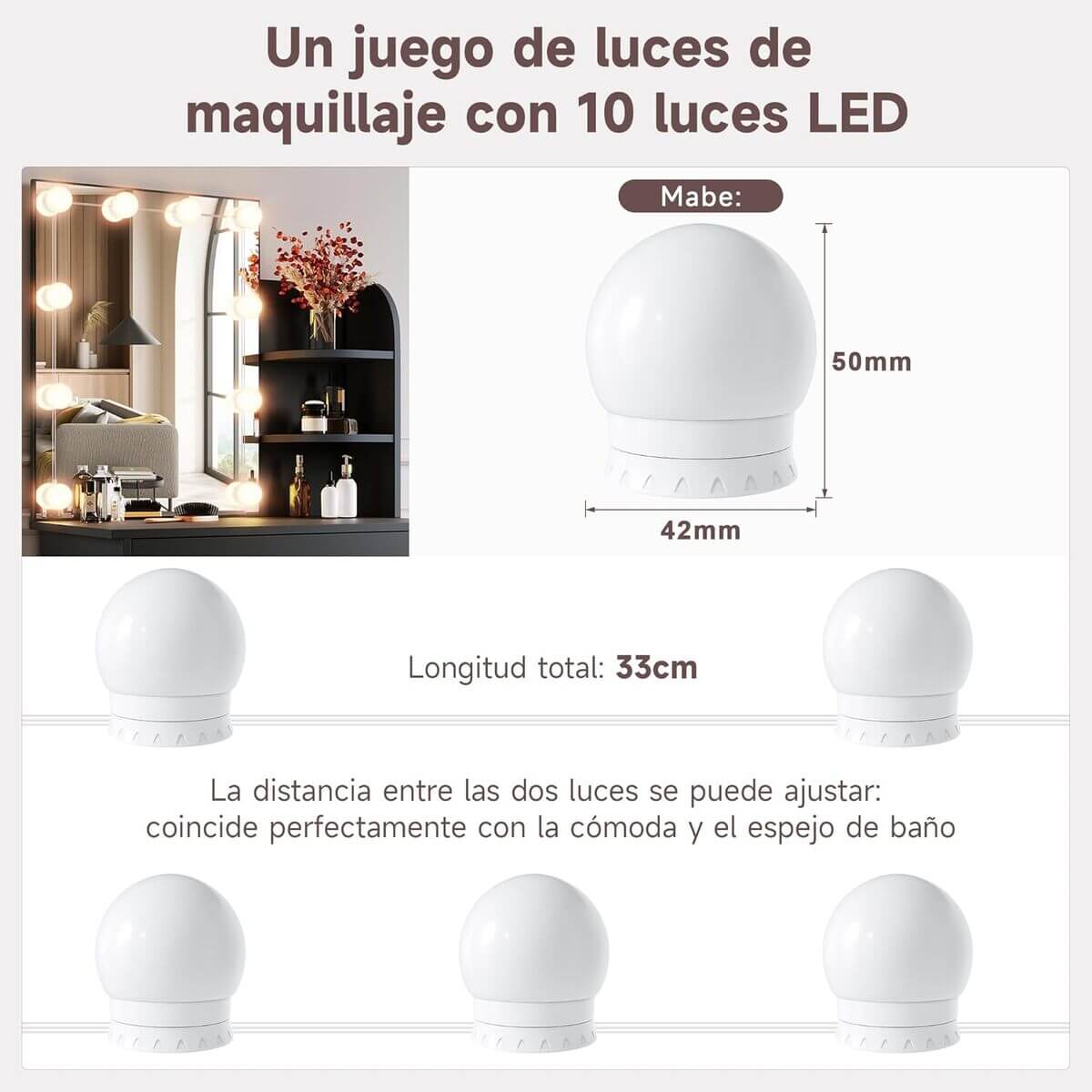 SONNI Tocador,Espejo y LED Regulable,Mesa Tocadores Maquillaje Moderno Dormitorio 10 Bombillas,Nero-70x40x140CM
