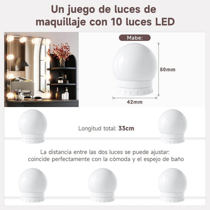 SONNI Tocador,Espejo y LED Regulable,Mesa Tocadores Maquillaje Moderno Dormitorio 10 Bombillas,Nero-70x40x140CM