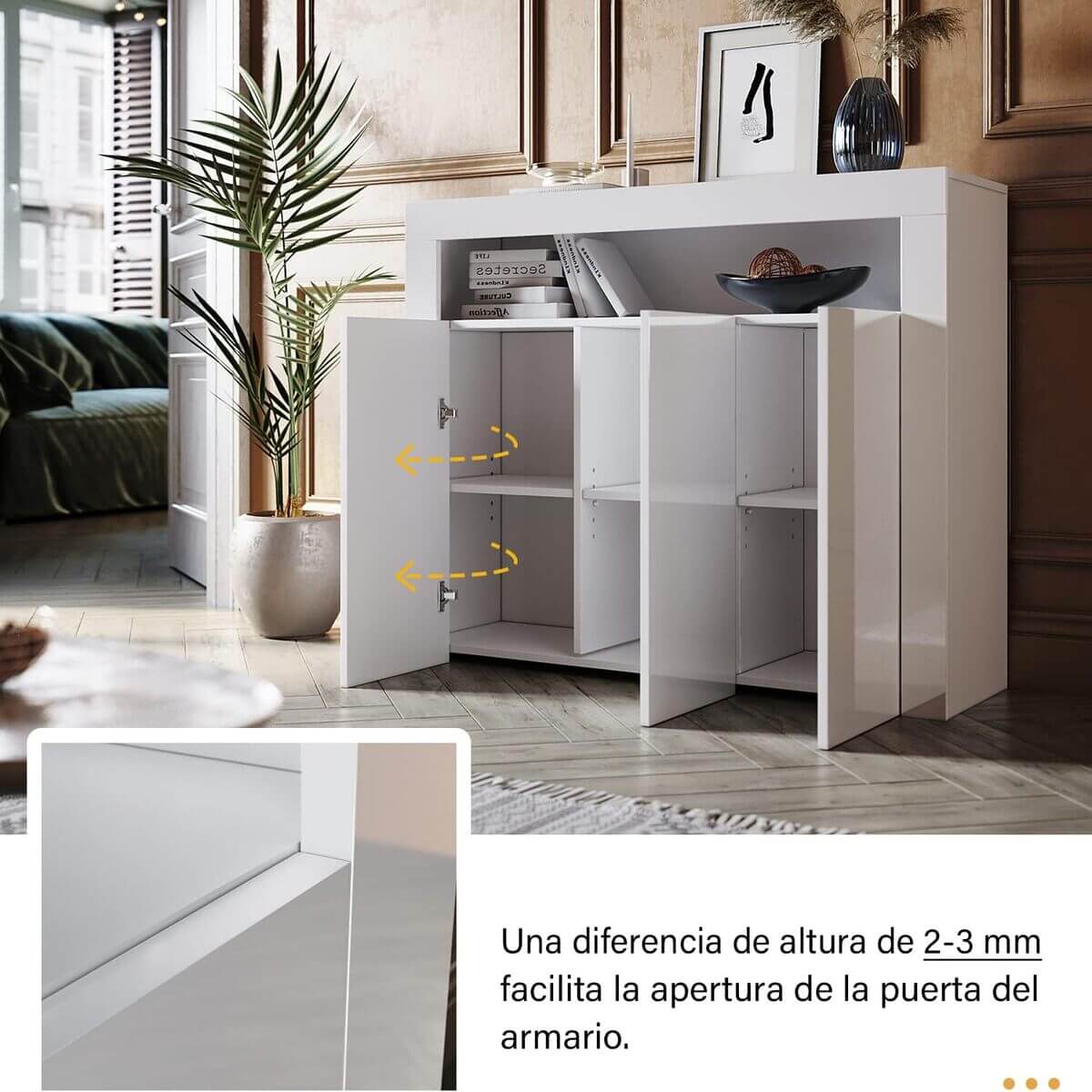 SONNI Aparador Blanco Brillo con 3 Puertas,Mueble Comedor Brillante con Iluminación LED 116x35x93cm,Armario Entrada para Salón/Cocina