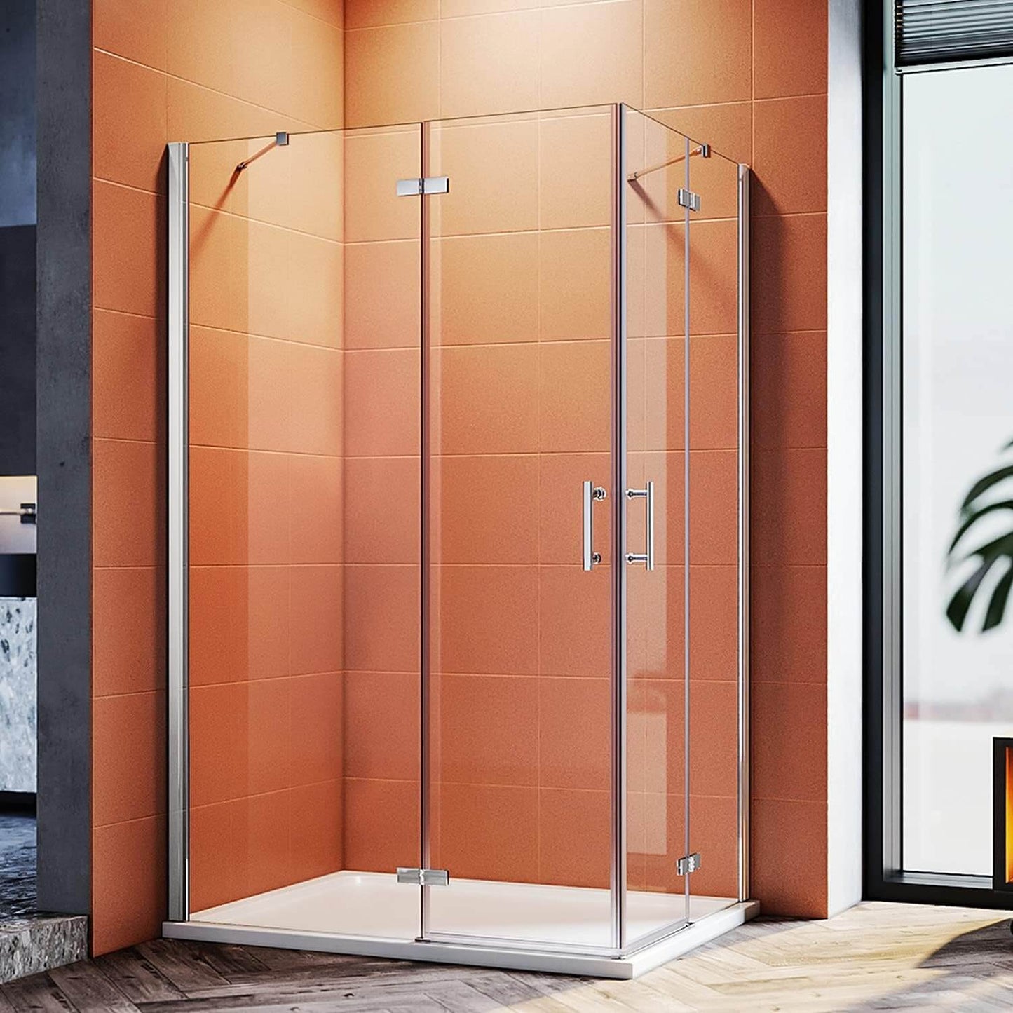 SONNI Cabina de ducha con bisagras, entrada esquina, mampara de ducha con barra sin marcosin plato de ducha