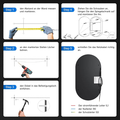 SONNI Armario con espejo para baño con iluminación y enchufe, armario con espejo LED con interruptor táctil, regulable, 3 colores de luz ajustables, sin vaho, ovalado, 40 x 70 cm, negro mate