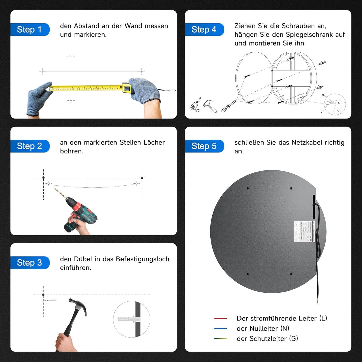 SONNI Armario con espejo de baño con iluminación, 3 colores de luz ajustables, sin vaho, redondo, armario con espejo, armario con enchufe, armario de baño con espejo y estante, 60 cm, color gris