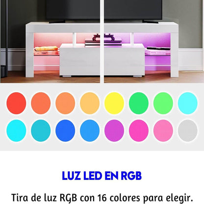 SONNI Mueble TV Blanco con Luz LED Ajustable de 12 Colores con Mando a Distancia, Mesa TV Sálon Madera con Estantes Cristal 130 CM