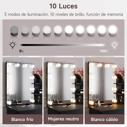 SONNI Tocador,Espejo y LED Regulable,Mesa Tocadores Maquillaje Moderno Dormitorio 10 Bombillas,Nero-70x40x140CM