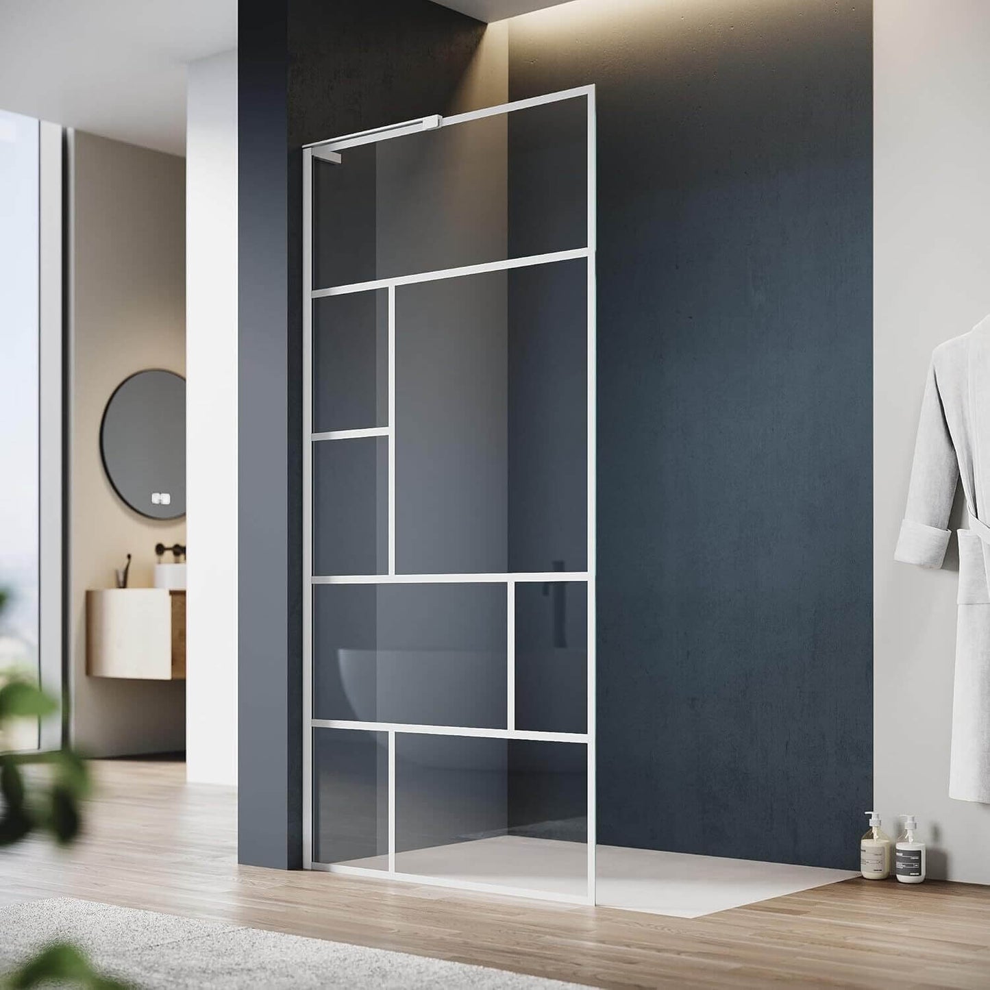 SONNI Mampara de ducha de marco blanco, acero inoxidable, soporte en forma de L, ancho ajustable, 6 mm, vidrio templado nano, montaje a izquierda o derecha