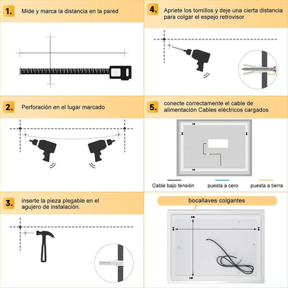 SONNI Espejo de Baño LED 100 x 60 cm Espejo de Baño con Iluminación Blanco Frío 6400 k Espejo con Interruptor Táctil Temperatura del Reloj del Espejo Montado en La Pared 3 Veces Amplificada