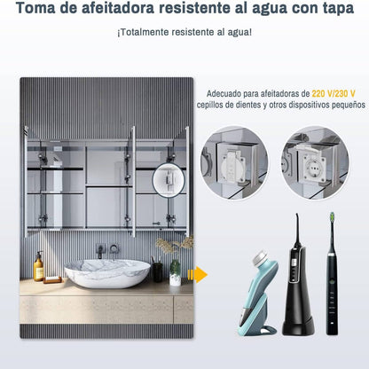 SONNI Armario Espejo Baño con Luz 105 x 65 cm Bisagra Conductora Interruptor Táctil 3 Puertas,Espejo de Baño con Armario y LED,Acero Inoxidable Enchufe para Afeitadora 5 Estantes