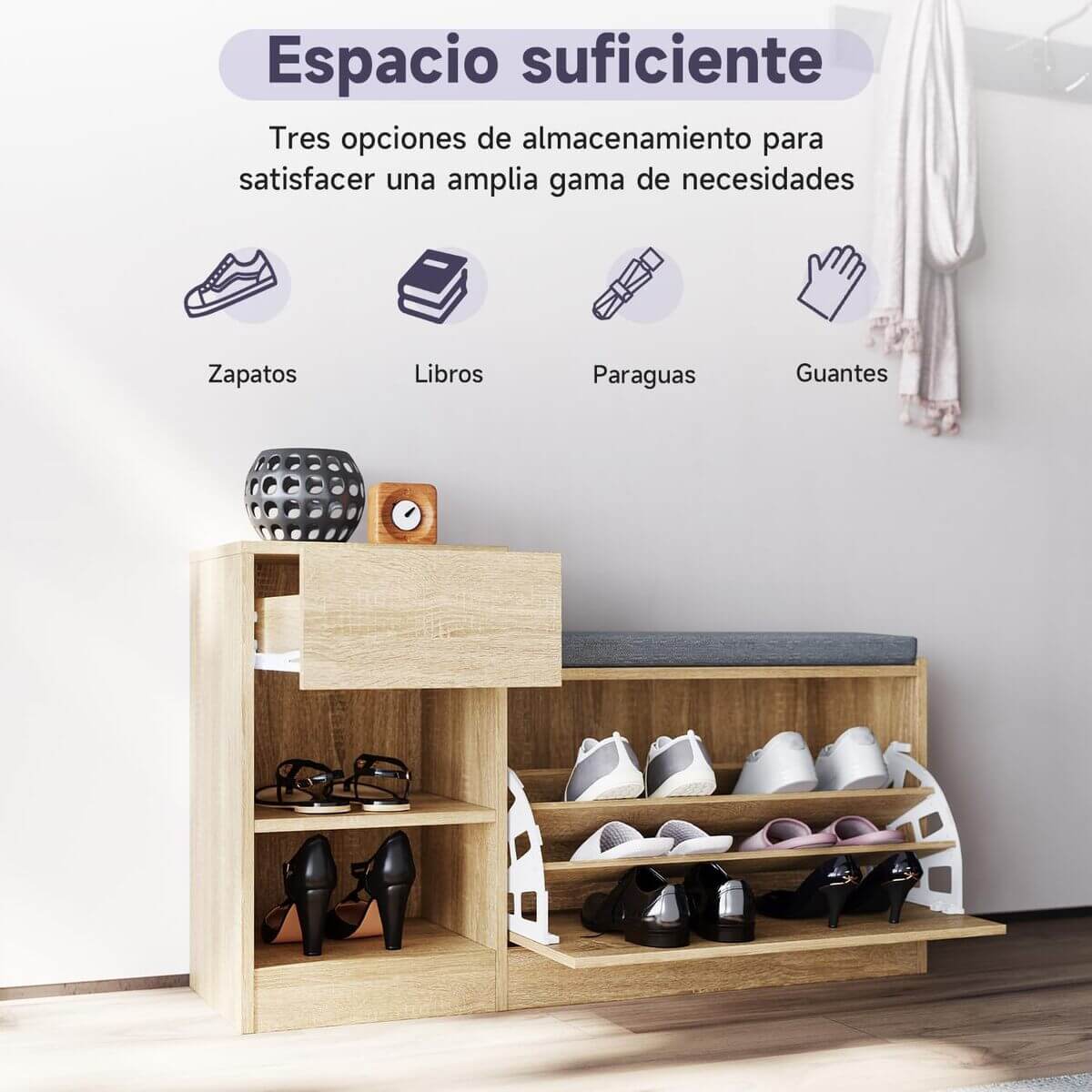 SONNI Banco Zapatero con Asiento Mueble Zapatero Entrada Recibidor Madera Moderno 94.5x30x57cm
