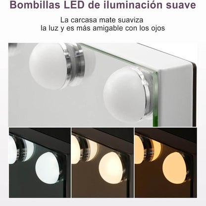 SONNI Espejo Maquillaje con Luz - Espejo Tocador 15 Bombillas LED,Dimmables 3 Colores de Luz,Control Táctil,Espejo con Luz para Maquillaje,58 x 46 cm