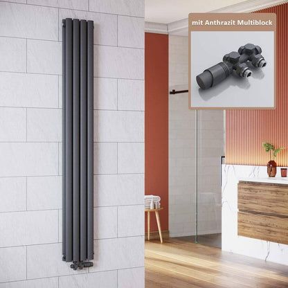 SONNI Radiador vertical antracita 1800 x 236 mm con multibloque, diseño termostático, cromo, una sola pieza, radiador tubular de baño, conexión central una/doble capa Sí y No Multibloque