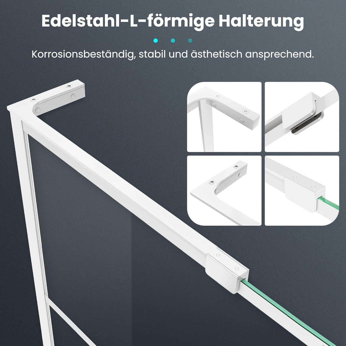 SONNI Mampara de ducha de marco blanco, acero inoxidable, soporte en forma de L, ancho ajustable, 6 mm, vidrio templado nano, montaje a izquierda o derecha