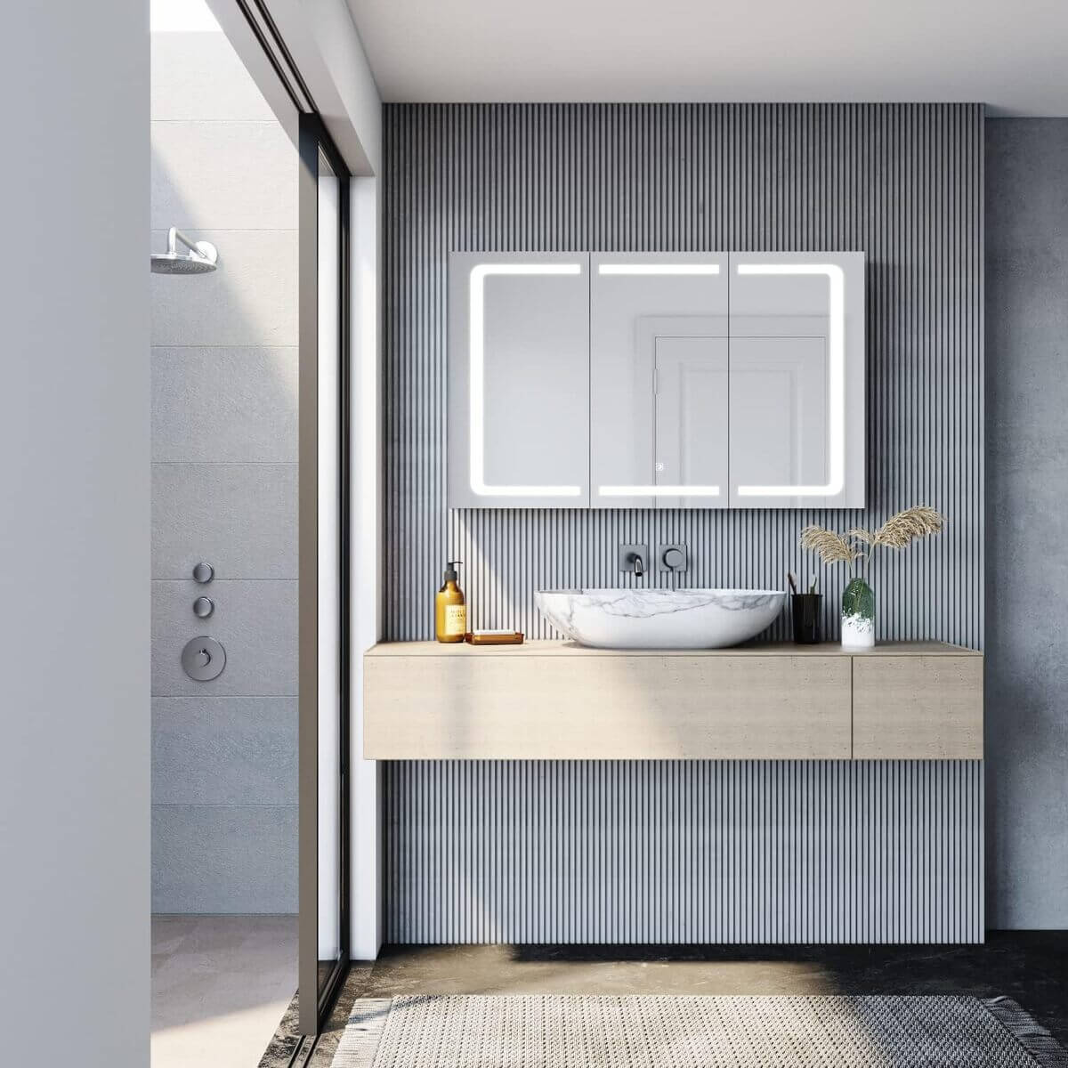 SONNI Armario Espejo Baño con Luz 105 x 65 cm Bisagra Conductora Interruptor Táctil 3 Puertas,Espejo de Baño con Armario y LED,Acero Inoxidable Enchufe para Afeitadora 5 Estantes