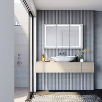 SONNI Armario Espejo Baño con Luz 105 x 65 cm Bisagra Conductora Interruptor Táctil 3 Puertas,Espejo de Baño con Armario y LED,Acero Inoxidable Enchufe para Afeitadora 5 Estantes