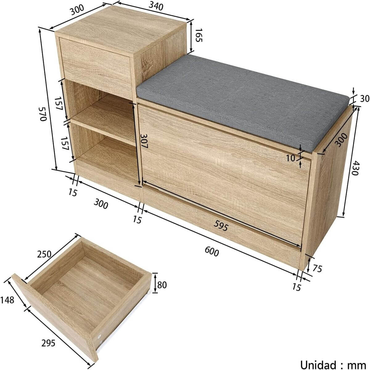 SONNI Banco Zapatero con Asiento Mueble Zapatero Entrada Recibidor Madera Moderno 94.5x30x57cm