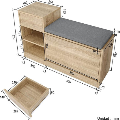 SONNI Banco Zapatero con Asiento Mueble Zapatero Entrada Recibidor Madera Moderno 94.5x30x57cm