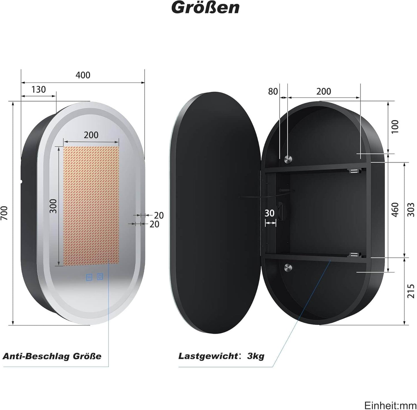 SONNI Armario con espejo para baño con iluminación y enchufe, armario con espejo LED con interruptor táctil, regulable, 3 colores de luz ajustables, sin vaho, ovalado, 40 x 70 cm, negro mate
