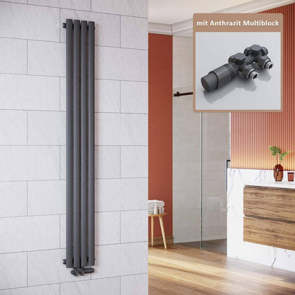 SONNI Radiador vertical antracita 1800 x 236 mm con multibloque, diseño termostático, cromo, una sola pieza, radiador tubular de baño, conexión central una/doble capa Sí y No Multibloque