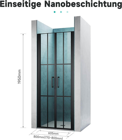 SONNI Puerta de ducha cristal templado, doble puerta corredera de cristal templado, rejilla negra mate, nanorecubrimiento de una cara, barra de sellado magnética