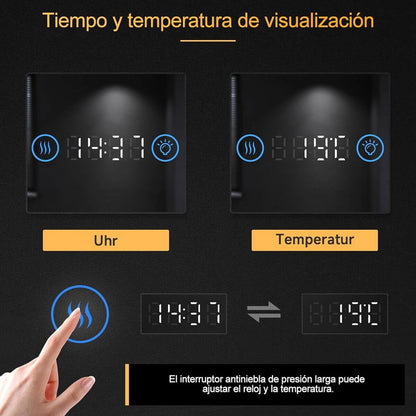 SONNI Espejo de Baño LED 100 x 60 cm Espejo de Baño con Iluminación Blanco Frío 6400 k Espejo con Interruptor Táctil Temperatura del Reloj del Espejo Montado en La Pared 3 Veces Amplificada