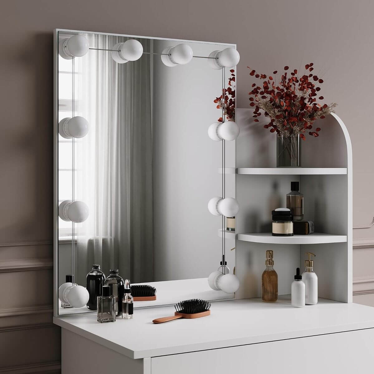 SONNI Tocador,Espejo y LED Regulable,Mesa Tocadores Maquillaje Moderno Blanco Dormitorio 10 Bombillas,70x40x140CM