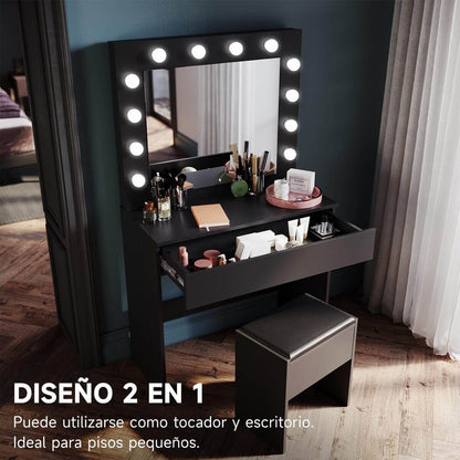 SONNI Tocador, 12 Luces LED con Brillo Ajustable, 1 Cajones Grandes y Taburete, Estilo Moderno, 80x40x140cm-Nero