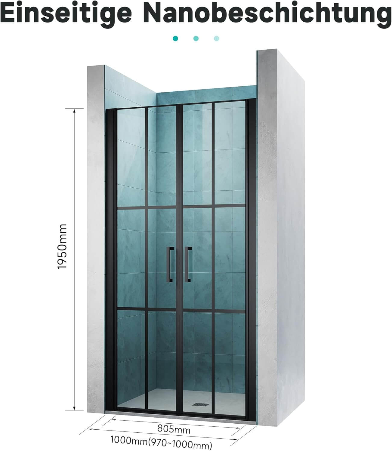 SONNI Puerta de ducha cristal templado, doble puerta corredera de cristal templado, rejilla negra mate, nanorecubrimiento de una cara, barra de sellado magnética