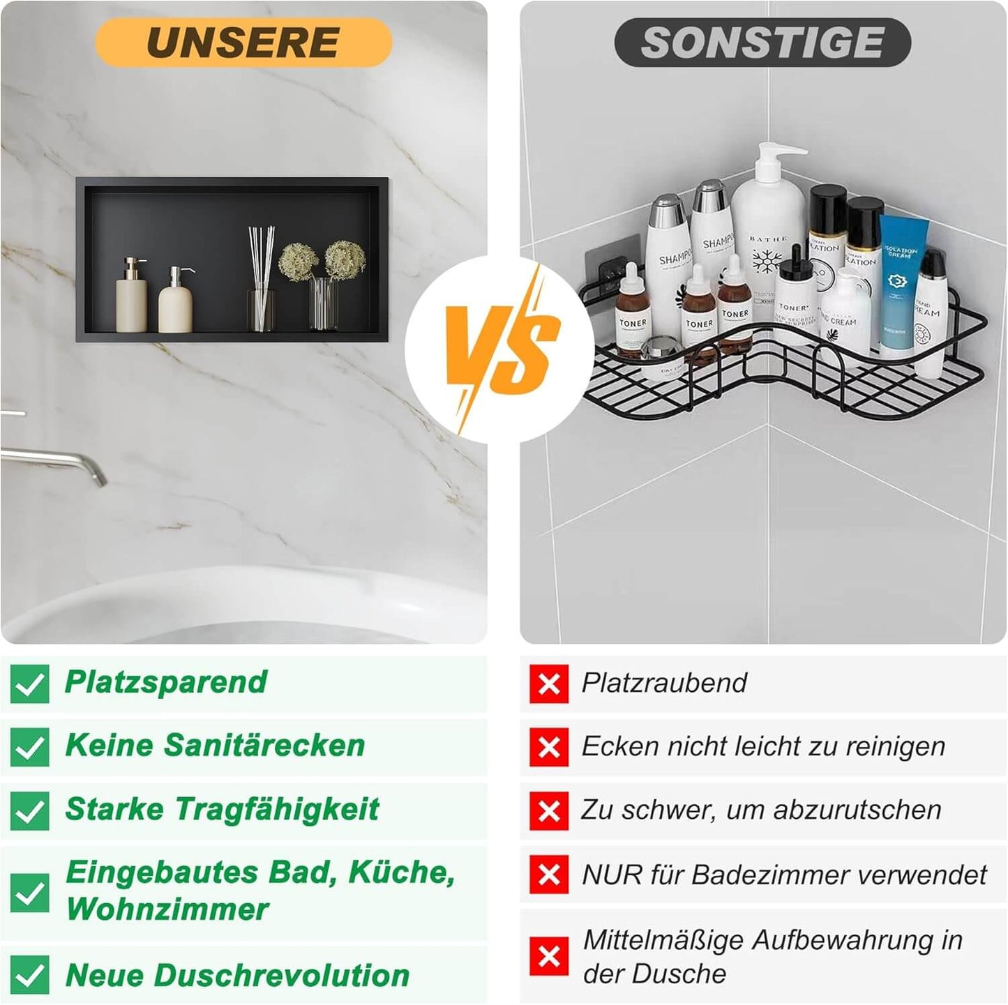 SONNI Ducha de pared de acero inoxidable, nicho de ducha integrado, estante individual almacenamiento para baño, resistente al agua, no requiere azulejos