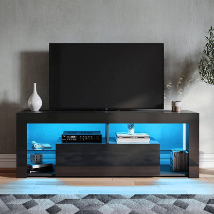 SONNI Mueble TV con Luz LED Ajustable de 12 Colores Sálon Negro con Mando a Distancia, Mesa TV Madera con Estantes Cristal 140 CM