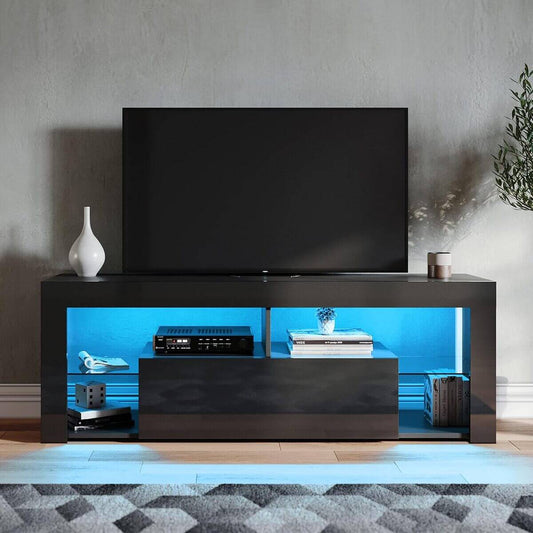 SONNI Mueble TV con Luz LED Ajustable de 12 Colores Sálon Negro con Mando a Distancia, Mesa TV Madera con Estantes Cristal 140 CM