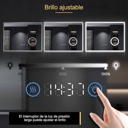 SONNI Espejo de Baño LED 100 x 60 cm Espejo de Baño con Iluminación Blanco Frío 6400 k Espejo con Interruptor Táctil Temperatura del Reloj del Espejo Montado en La Pared 3 Veces Amplificada