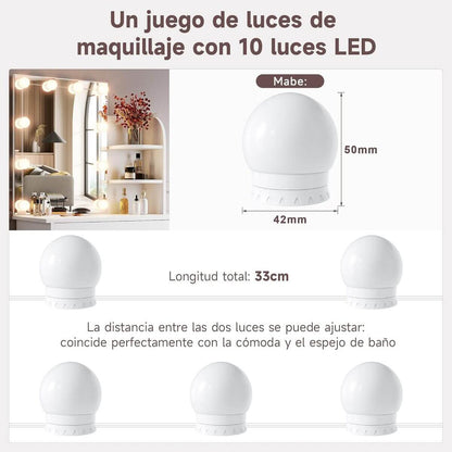 SONNI Tocador,Espejo y LED Regulable,Mesa Tocadores Maquillaje Moderno Blanco Dormitorio 10 Bombillas,70x40x140CM