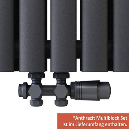 SONNI Radiador vertical antracita 1800 x 236 mm con multibloque, diseño termostático, cromo, una sola pieza, radiador tubular de baño, conexión central una/doble capa Sí y No Multibloque