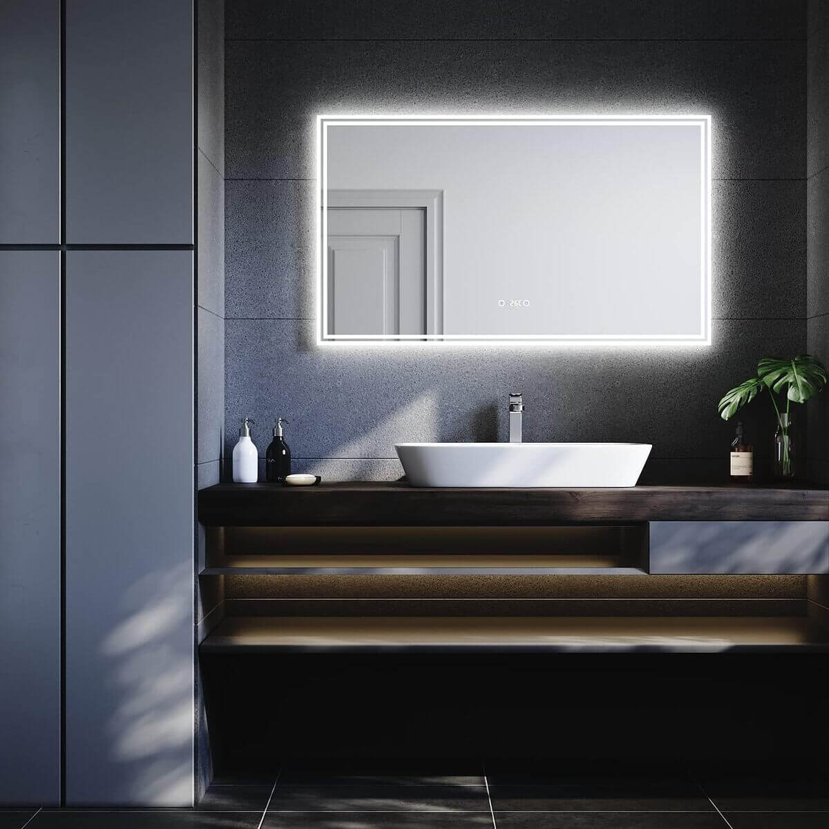 SONNI Espejo Baño con Luz Bluetooth 5.0 y Antivaho 120x70 cm Espejo de Baño con Luz LED Interruptor Táctil,con Reloj/Indicador de Temperatura,IP65