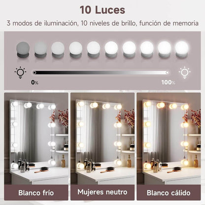 SONNI Tocador,Espejo y LED Regulable,Mesa Tocadores Maquillaje Moderno Blanco Dormitorio 10 Bombillas,70x40x140CM